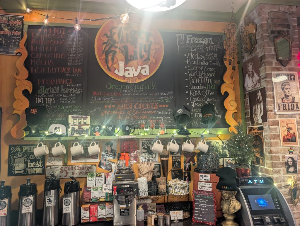 Menu board for Tiger Lily hot and cold Java bar.