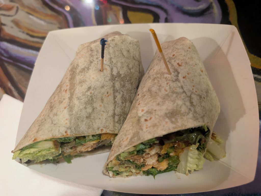 Wrap with grilled chicken, cheese, BBQ sauce.